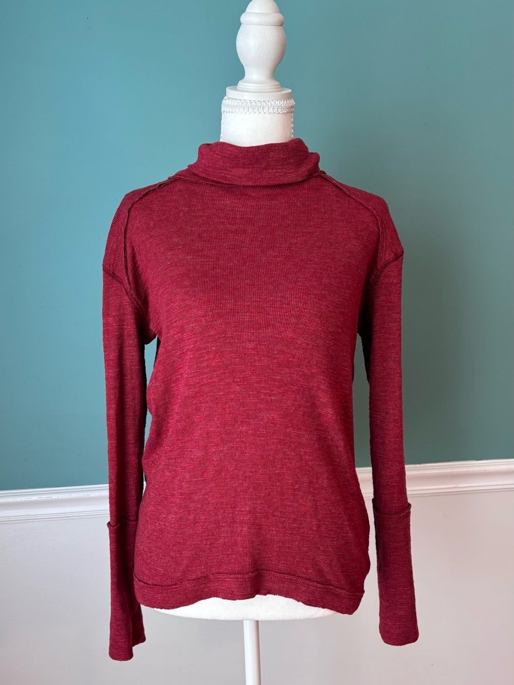 Free People Back Into It Turtleneck Top XS Open Back Split Hem Tunic Red
